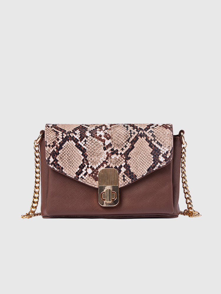 Beige & Brown Snake Skin / Saffiano PU Leather Shoulder + Crossbody